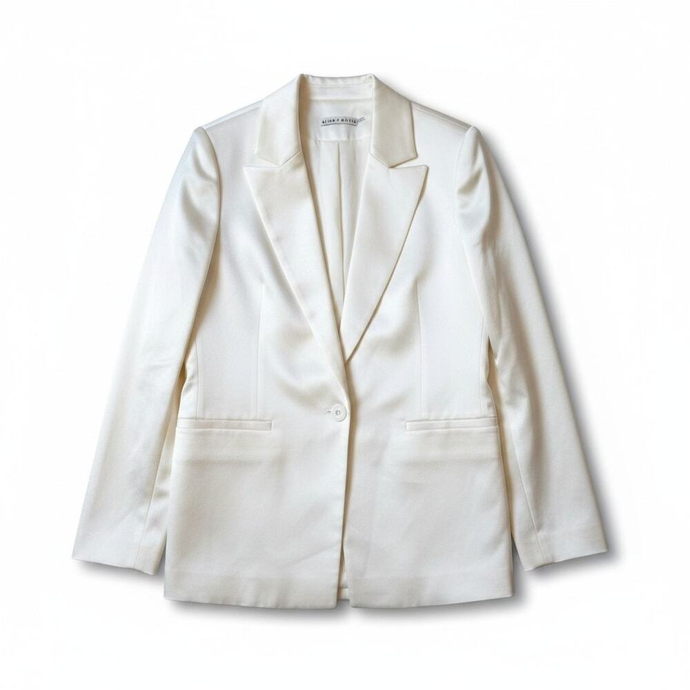Alice + Olivia New Womens Denny Satin Boyfriend Single Breasted Blazer Ecru 4 - Picture 3 of 10